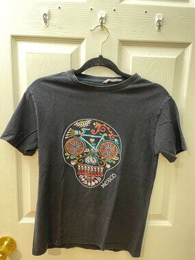 Black Graphic T-Shirt Women Size [S] Skull Mexico Print Casual Tee